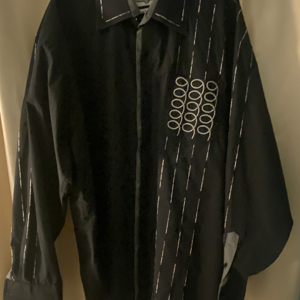 Black Lightweight Shirt Jacket with Structured Shoulders and Embroidery.